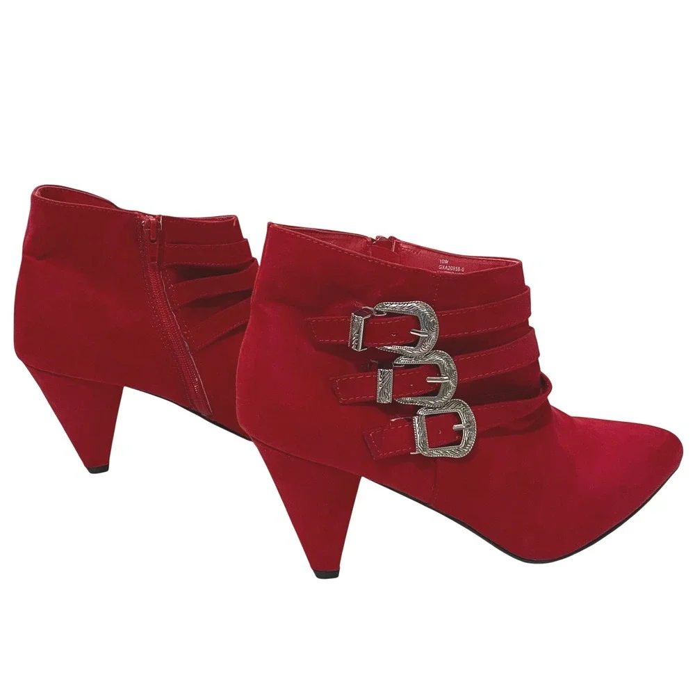 Red Faux Suede Western Ankle Boots Womens Size 10 Cowgirl Rodeo Boho Bootie Bold